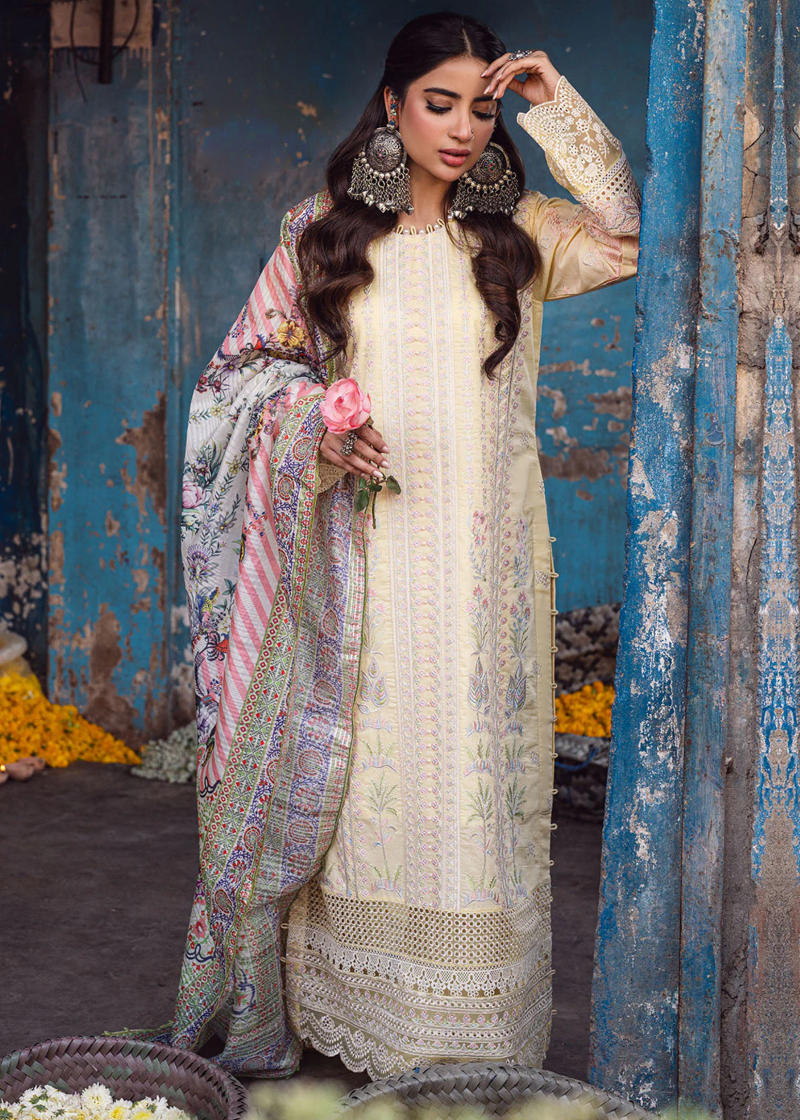 Sahane Sahakari Luxury Lawn | Yellow | Unstitched | Party wear | Cotton Net Dupatta | CT10003 Zaanat