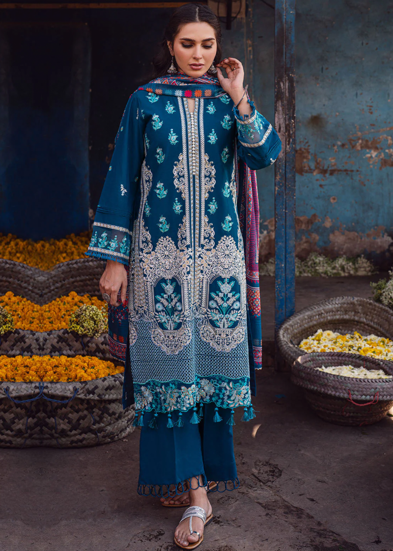 Sahane Sahakari Luxury Lawn | Dark Blue | Unstitched | Party wear | Cotton Net Dupatta | CT10005 Gulzaar