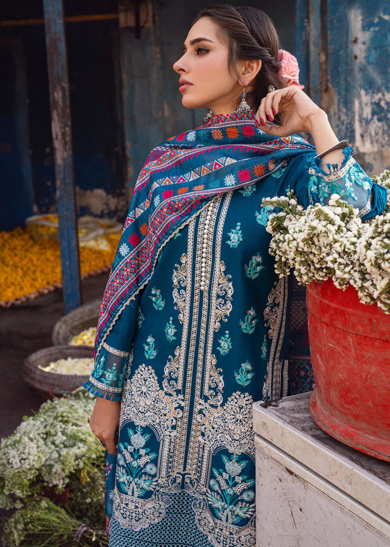 Sahane Sahakari Luxury Lawn | Dark Blue | Unstitched | Party wear | Cotton Net Dupatta | CT10005 Gulzaar