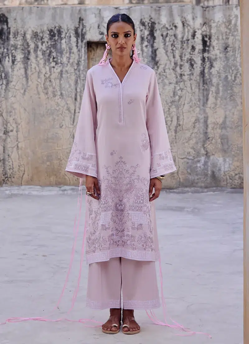 Image | Eid Collection ‘25 | Embroidered Co-ord Set | Powder Pink | Stitched.