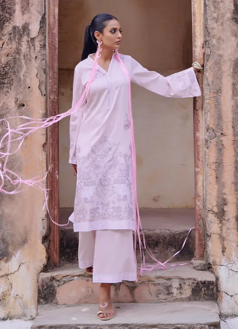 Image | Eid Collection ‘25 | Embroidered Co-ord Set | Powder Pink | Stitched.