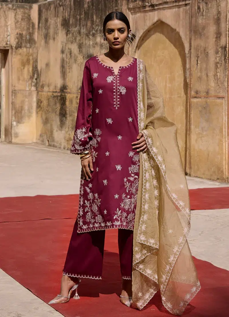 Image | Eid Collection ‘25 | Luxury Embroidered Suit | Maroon | Stitched | 3 pc set.