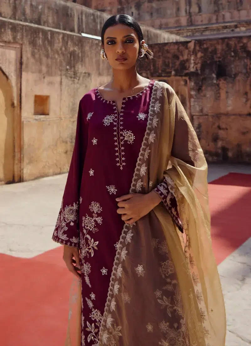 Image | Eid Collection ‘25 | Luxury Embroidered Suit | Maroon | Stitched | 3 pc set.