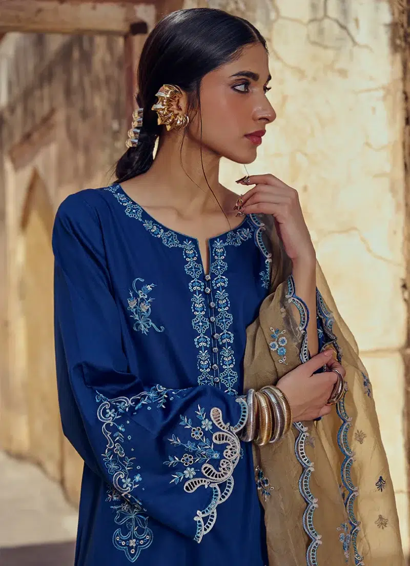 Image | Eid Collection ‘25 | Luxury Embroidered Suit | Blue | Stitched | 3 pc set.
