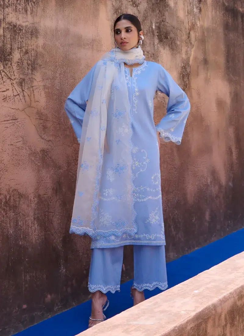 Image | Eid Collection ‘25 | Luxury Embroidered Suit | Blue | Stitched | 3 pc set.