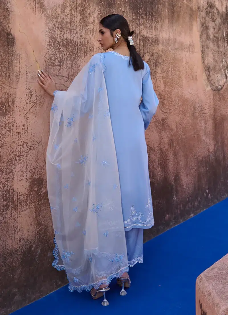Image | Eid Collection ‘25 | Luxury Embroidered Suit | Blue | Stitched | 3 pc set.