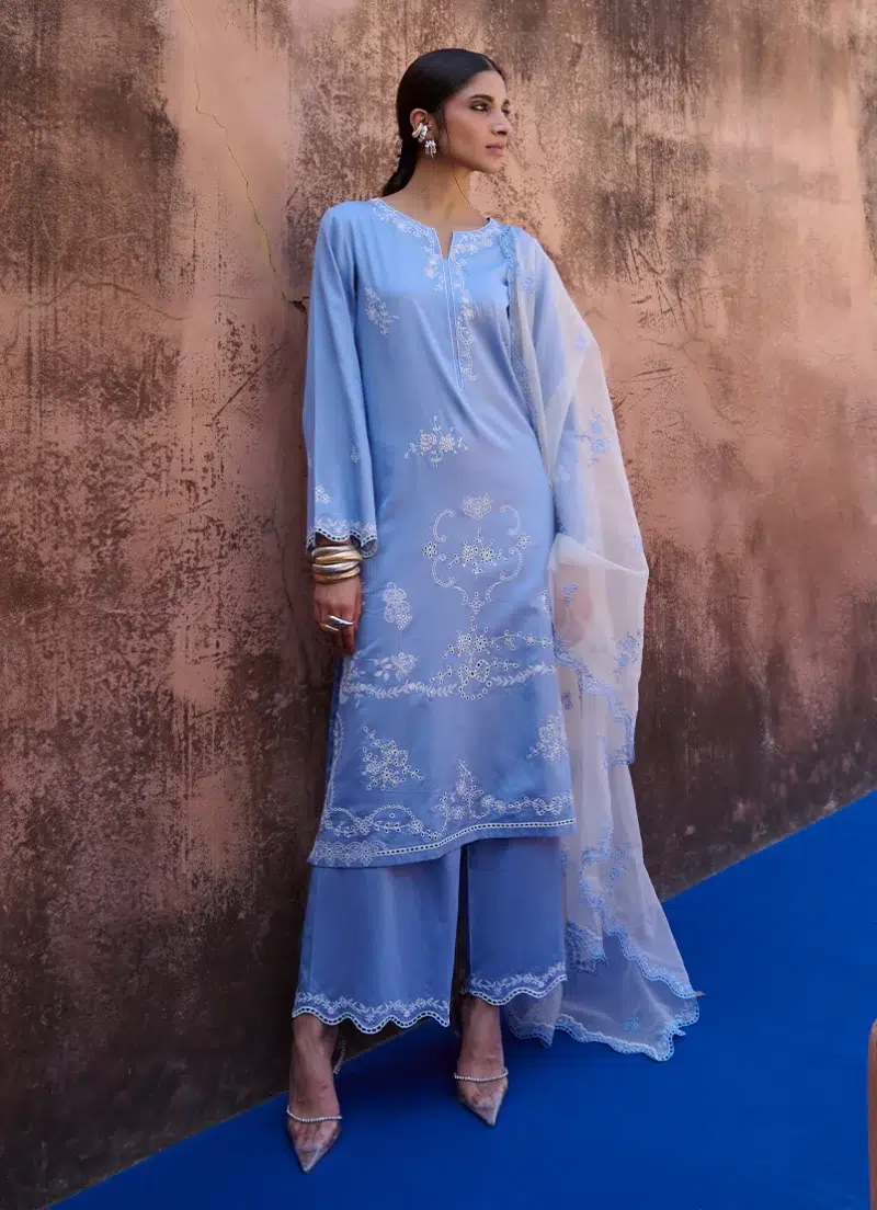Image | Eid Collection ‘25 | Luxury Embroidered Suit | Blue | Stitched | 3 pc set.