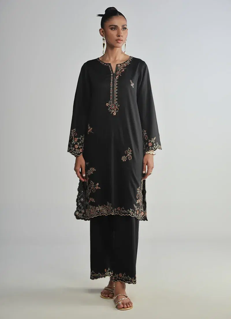 Image | Legends of Fall'24 | Cotton Satin | Black | Embroidered Co-ord Set | 2 pc.