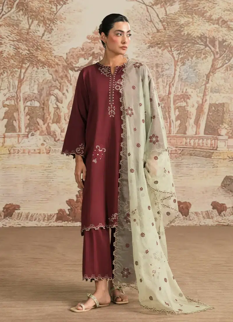 Image | Spring Pret '25 | Cotton Satin | Wine | Luxury Embroidered Suit | 3 pc.