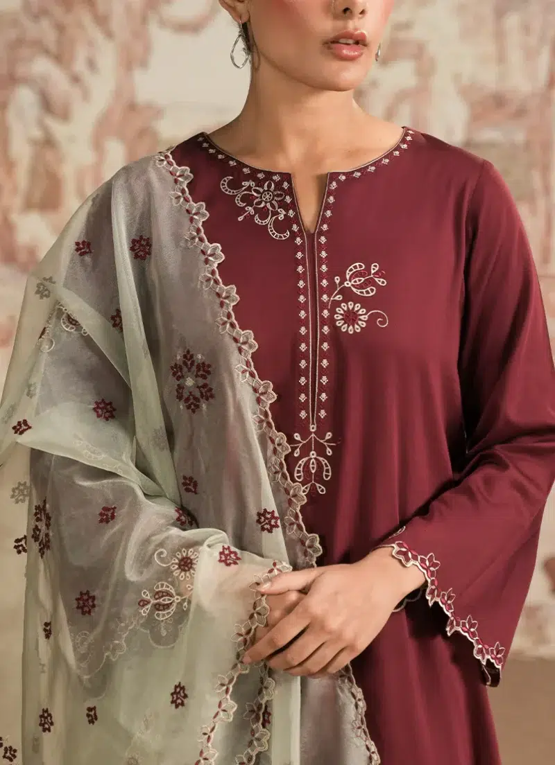 Image | Spring Pret '25 | Cotton Satin | Wine | Luxury Embroidered Suit | 3 pc.
