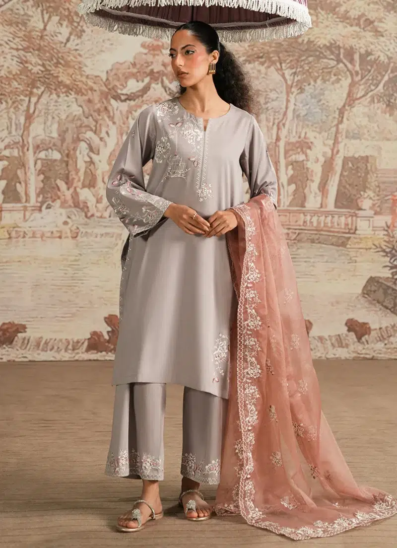 Image | Spring Pret '25 | Cotton Satin | Grey | Luxury Embroidered Suit | 3 pc.