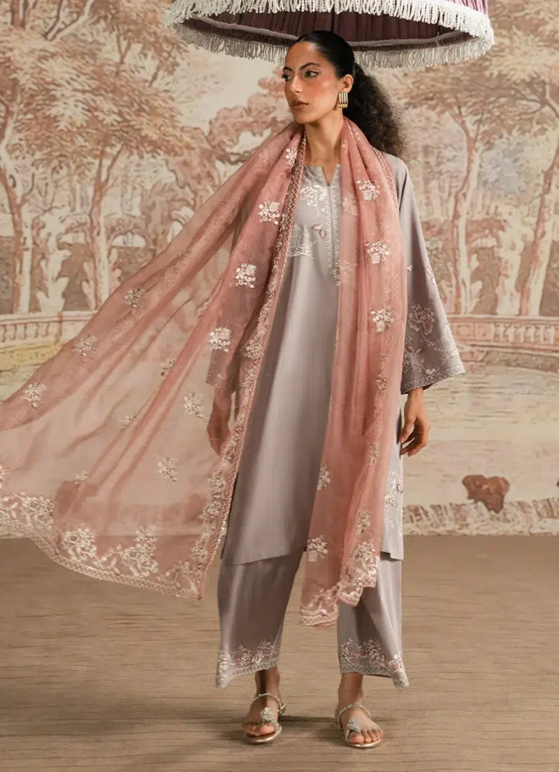 Image | Spring Pret '25 | Cotton Satin | Grey | Luxury Embroidered Suit | 3 pc.