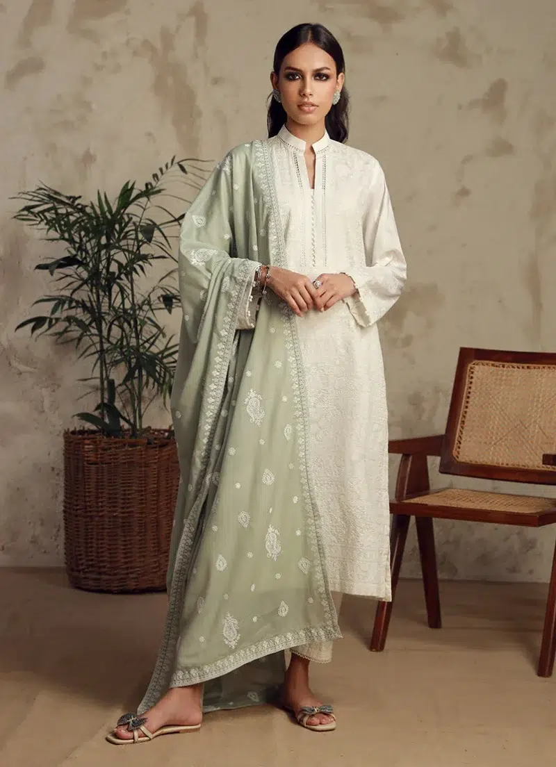 Image | Spring Pret '25 | Cotton | White Sage Green | Embroidered Suit | 3 pc.