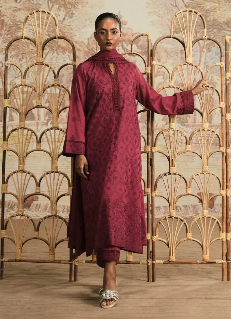 Image | Spring The Tea Collection | Red | Cotton | Stitched | 3 Piece Embroidered Suit.