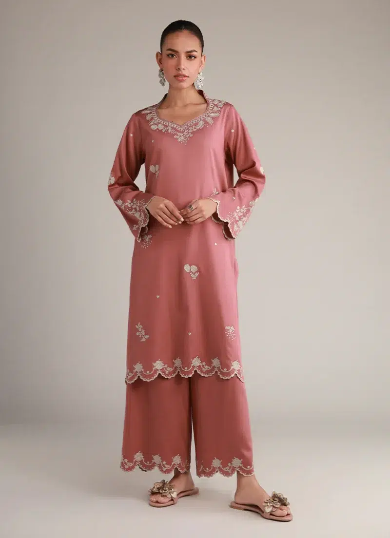 Image | Winter Pret '25 | Cotton Satin | Coral Peach | Embroidered Co-Ord Set | 2 pc.