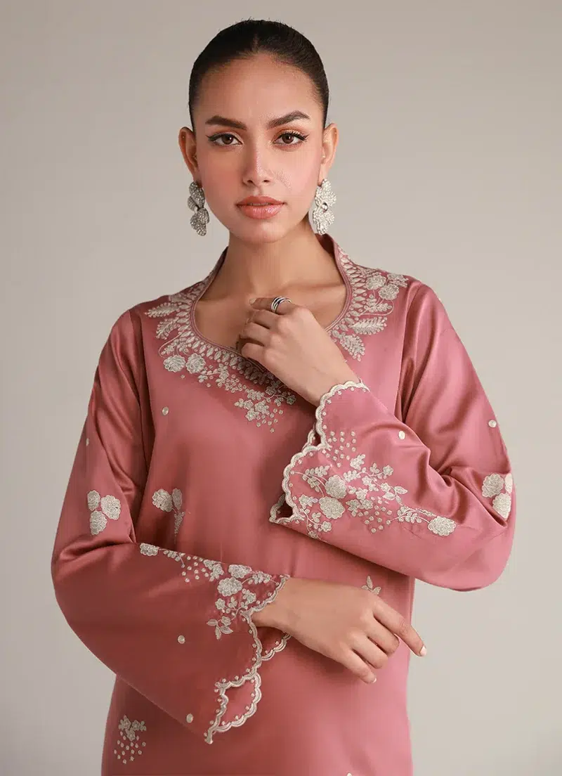 Image | Winter Pret '25 | Cotton Satin | Coral Peach | Embroidered Co-Ord Set | 2 pc.