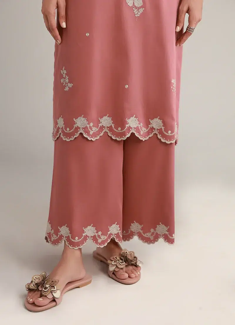 Image | Winter Pret '25 | Cotton Satin | Coral Peach | Embroidered Co-Ord Set | 2 pc.