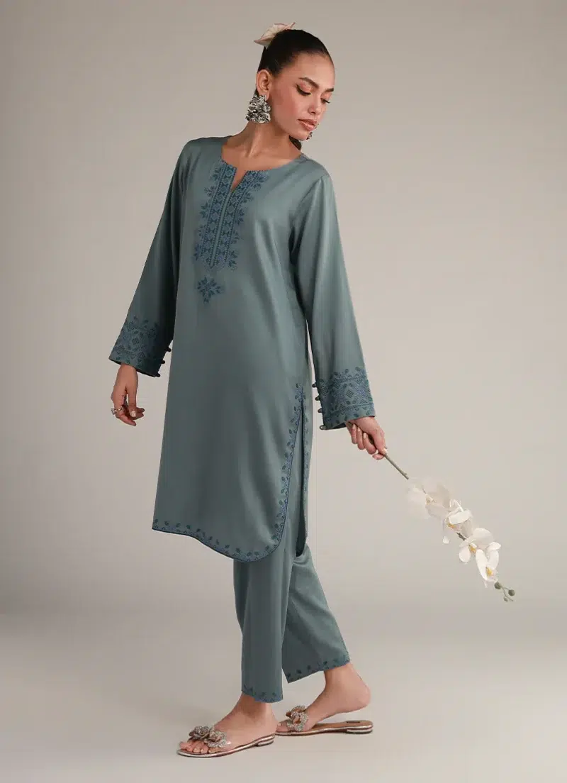 Image | Winter Pret '25 | Cotton Satin | Teal | Embroidered Co-Ord Set | 2 pc.